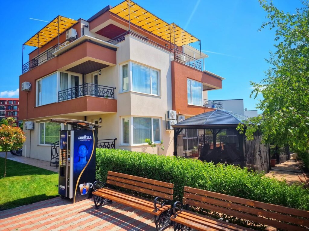 Private balconies on the facade of Ferano Beach Apartments, Nessebar